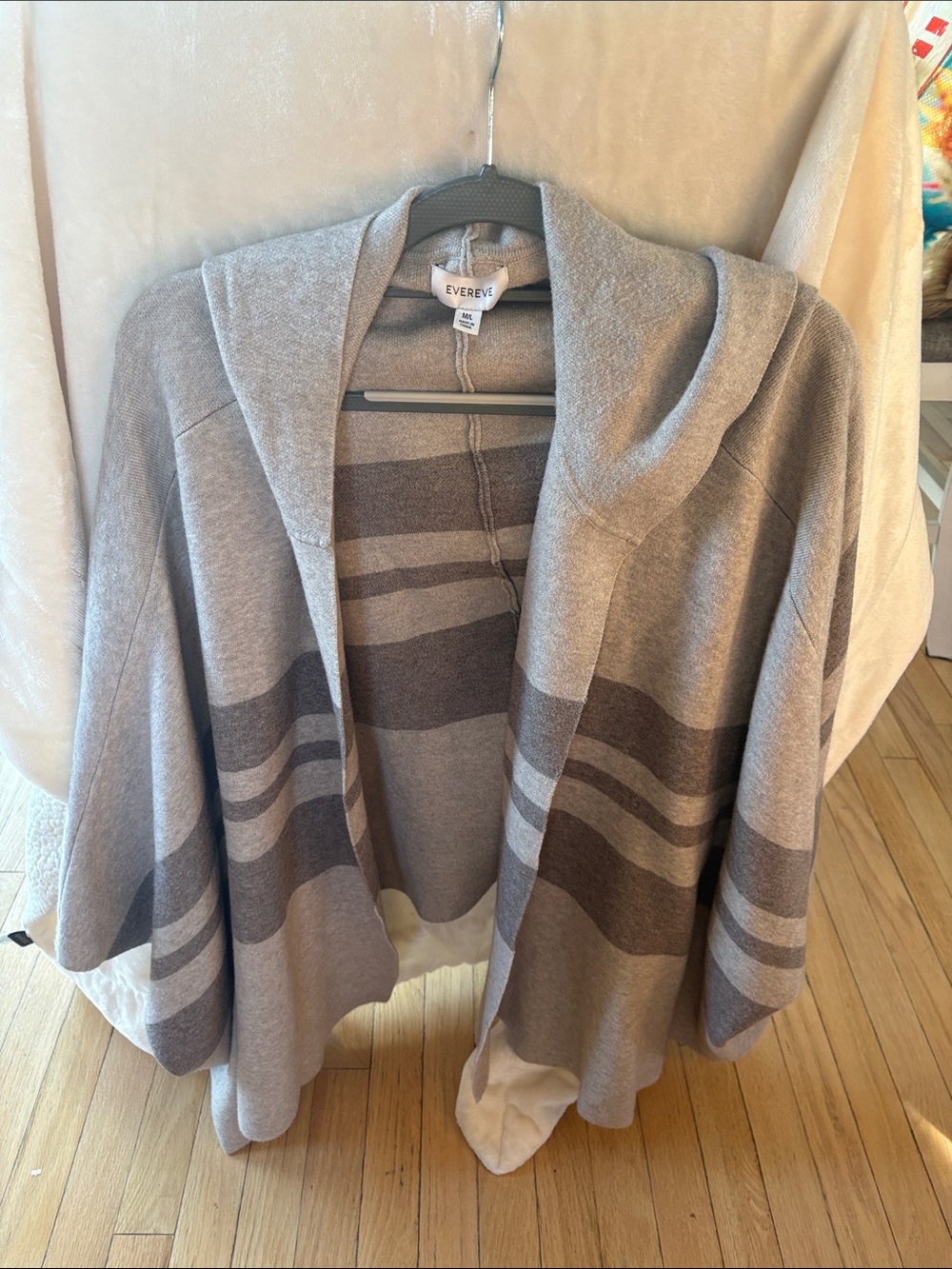Evereve Taupe and Brown Striped Hooded Open Cardigan